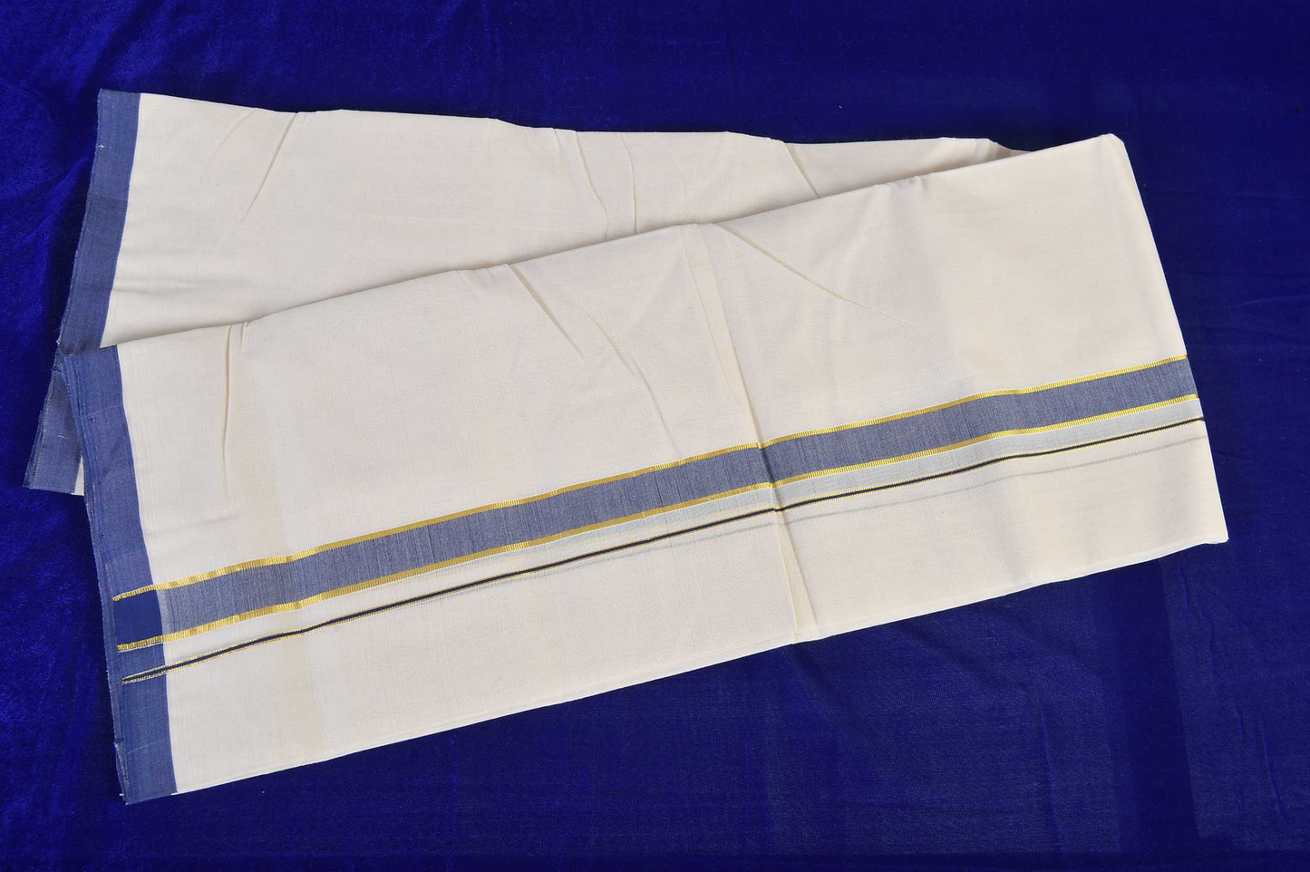 Premium Balaramapuram Handloom. Men's Kerala Mundu with Blue-Gold (100% Cotton)