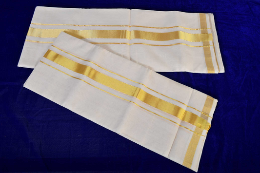 Premium Balaramapuram Handloom Women's Kerala Kasavu Plain Double Set Mundu with Running Blouse Piece (100% Cotton)