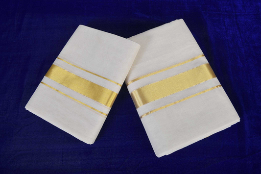 Premium Balaramapuram Handloom Women's Kerala Kasavu Plain Double Set Mundu with Running Blouse Piece (100% Cotton)