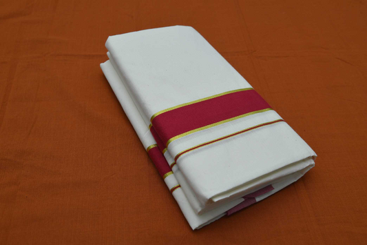Men's Kerala Double Mundu with Red Kara with Gold Border (100% Cotton )
