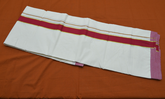 Men's Kerala Double Mundu with Red Kara with Gold Border (100% Cotton )