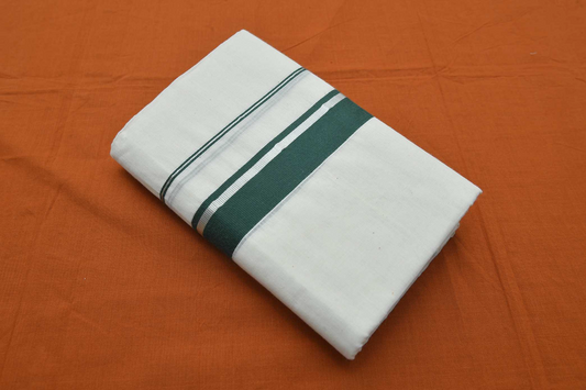 Men's Kerala double Mundu with Green- Silver Kara (100% Cotton )