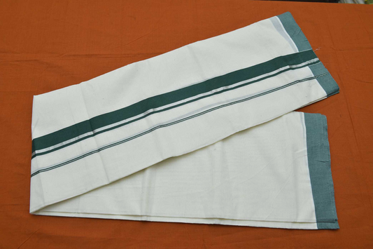Men's Kerala double Mundu with Green- Silver Kara (100% Cotton )
