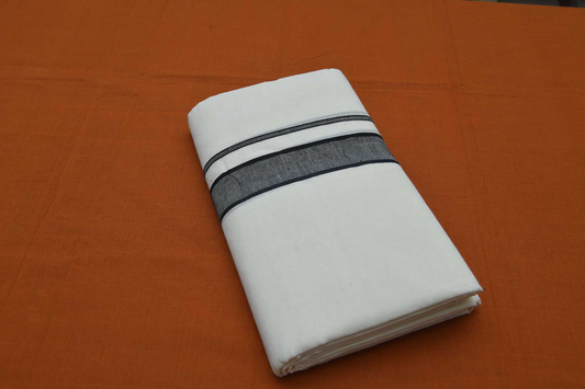 Men's Kerala double Mundu with Grey Kara with Black Border (100% Cotton )
