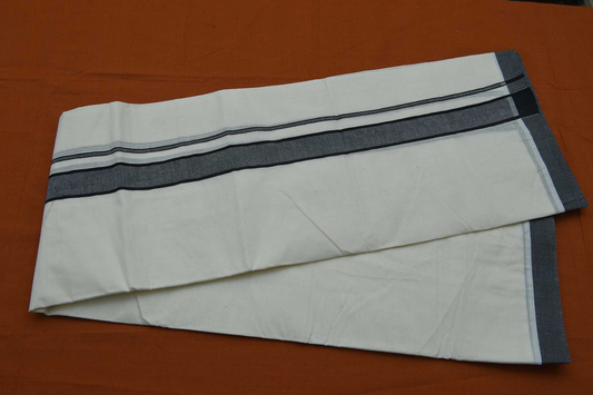 Men's Kerala double Mundu with Grey Kara with Black Border (100% Cotton )