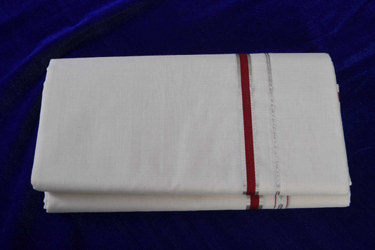 Premium Balaramapuram Handloom.Men's Kerala Kasavu Mundu with Maron-Silver Kara (100% Cotton)