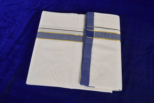 Premium Balaramapuram Handloom. Men's Kerala Mundu with Blue-Gold (100% Cotton)
