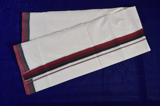 Premium Balaramapuram Handloom. Men's Kerala Mundu with Maroon Black-Silver Kara (100% Cotton)
