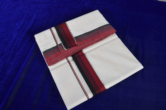 Premium Balaramapuram Handloom. Men's Kerala Mundu with Maroon Black-Silver Kara (100% Cotton)