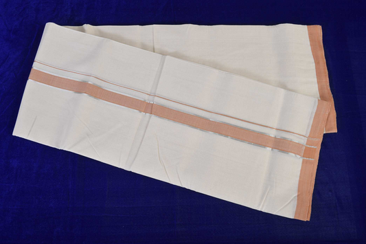 Premium Balaramapuram Handloom. Men's Kerala Mundu with Orange- Silver Kara (100% Cotton)