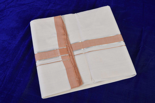 Premium Balaramapuram Handloom. Men's Kerala Mundu with Orange- Silver Kara (100% Cotton)