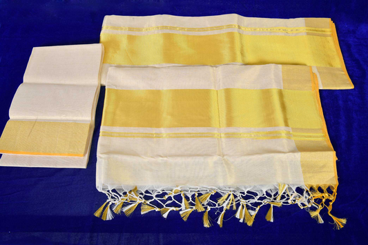 Premium Balaramapuram Handloom.Women's Kerala Kasavu Tissue Double Set Mundu With separate Blouse Piece (100% Cotton)