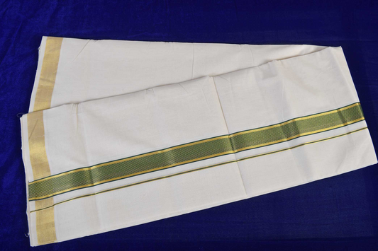 Premium Balaramapuram Handloom Men's Kerala Mundu with Green-Gold (100% Cotton)
