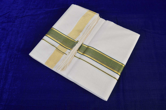 Premium Balaramapuram Handloom Men's Kerala Mundu with Green-Gold (100% Cotton)