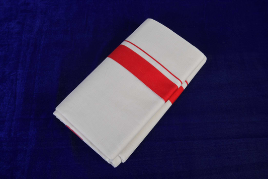 Premium Balaramapuram Handloom Men's Kerala Mundu with Red Kara (100% Cotton)