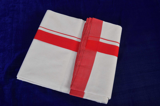 Premium Balaramapuram Handloom Men's Kerala Mundu with Red Kara (100% Cotton)