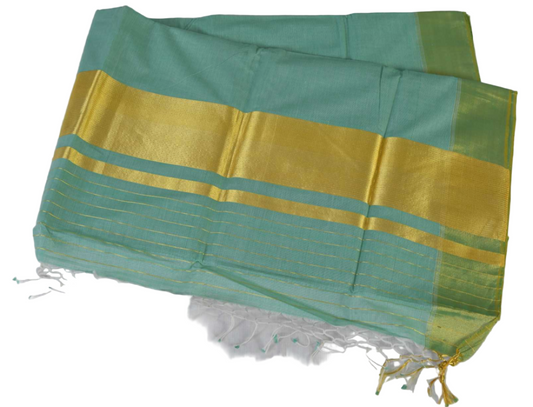 Premium Balaramapuram Handloom Women's Kerala Green Kasavu saree with Running Blouse Piece (100% Cotton)