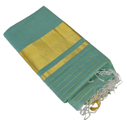 Premium Balaramapuram Handloom Women's Kerala Green Kasavu saree with Running Blouse Piece (100% Cotton)