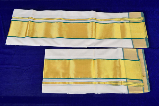 Premium Balaramapuram Handloom Women's Kerala Kasavu Double Set Mundu With Green-Gold Border with Running Blouse Piece (100% Cotton)