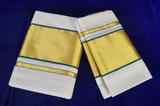 Premium Balaramapuram Handloom Women's Kerala Kasavu Double Set Mundu With Green-Gold Border with Running Blouse Piece (100% Cotton)