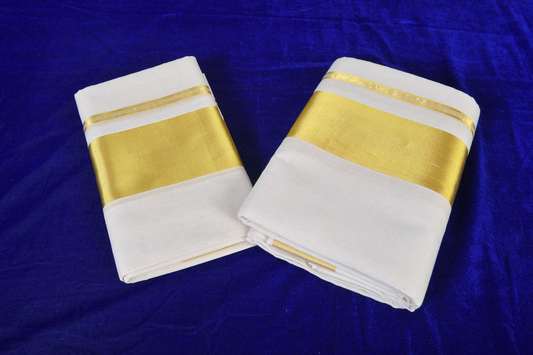 Premium Balaramapuram Handloom Women's Kerala Kasavu Double Set Mundu With Kuri Kara with Running Blouse Piece (100% Cotton)