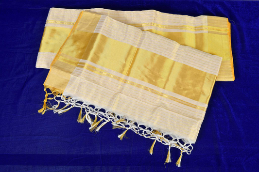 Premium Balaramapuram Handloom Women's Kerala Kasavu Double Set Mundu With Tissue Stripes across body with Running Blouse Piece (100% Cotton)