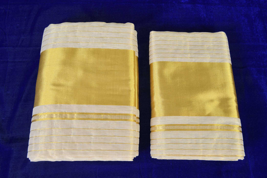 Premium Balaramapuram Handloom Women's Kerala Kasavu Double Set Mundu With Tissue Stripes across body with Running Blouse Piece (100% Cotton)