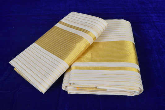 Premium Balaramapuram Handloom Women's Kerala Kasavu Double Set Mundu with golden lines across body With Running Blouse Piece (100% Cotton)