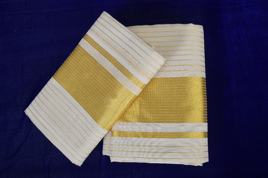 Premium Balaramapuram Handloom Women's Kerala Kasavu Double Set Mundu with golden lines across body With Running Blouse Piece (100% Cotton)