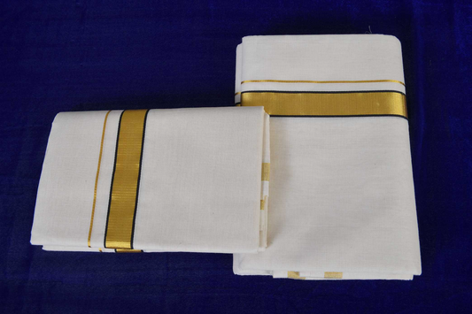 Premium Balaramapuram Handloom Women's Kerala Kasavu Plain Double Set Mundu with Black-Gold border with Running Blouse Piece (100% cotton)