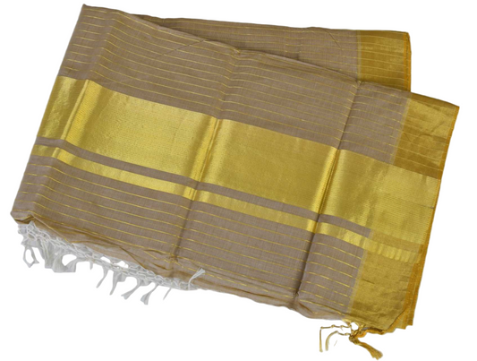 Premium Balaramapuram Handloom Women's Kerala Light Brown Kasavu Double saree with Stripes across body with Running Blouse Piece (100% Cotton)