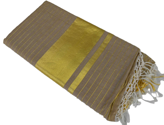 Premium Balaramapuram Handloom Women's Kerala Light Brown Kasavu Double saree with Stripes across body with Running Blouse Piece (100% Cotton)