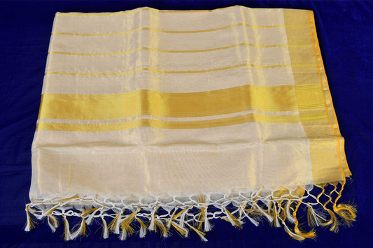 Premium Balaramapuram Handloom Women's Kerala Plain Kasavu Double saree with thick stripes across body Running Blouse Piece (100% Cotton)(Blouse 1 meter)