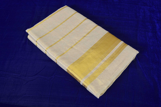 Premium Balaramapuram Handloom Women's Kerala Plain Kasavu Double saree with thick stripes across body Running Blouse Piece (100% Cotton)(Blouse 1 meter)