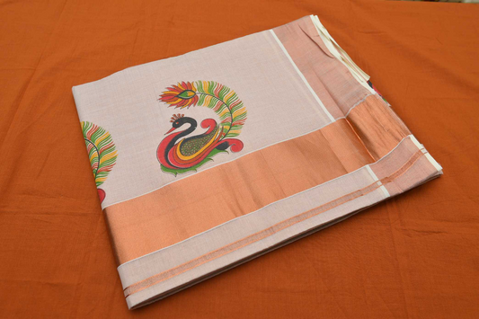 Women's Kerala Copper Tissue Saree with mural peacock print above & below border & Pallu with Running blouse piece (100% Cotton )