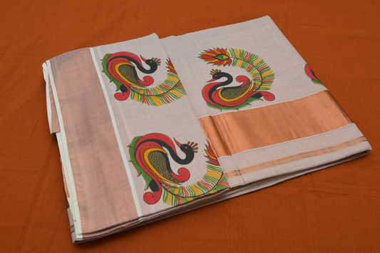Women's Kerala Copper Tissue Saree with mural peacock print above & below border & Pallu with Running blouse piece (100% Cotton )