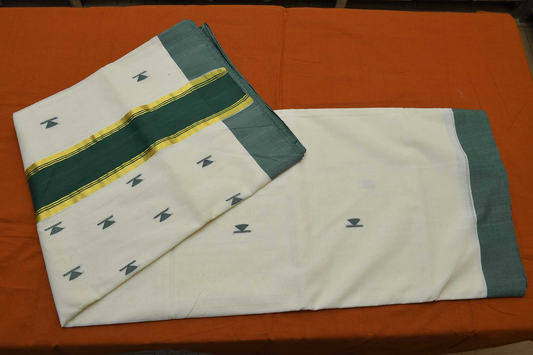 Women's Kerala Kasavu Saree with Green-Gold Kasavu & Green motifs across body with Running Blouse Piece(100% Cotton )