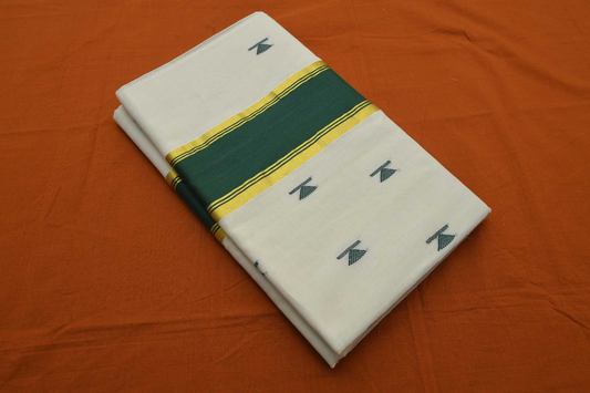Women's Kerala Kasavu Saree with Green-Gold Kasavu & Green motifs across body with Running Blouse Piece(100% Cotton )