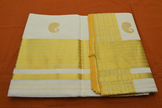 Women's Kerala Kasavu Saree with Mango Motifs and thick striped kasavu