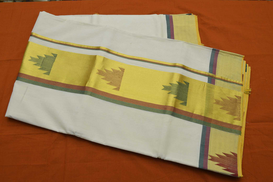 Women's Kerala Kasavu Saree with Maroon -Green -Gold Border with Temple Print