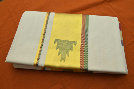Women's Kerala Kasavu Saree with Maroon -Green -Gold Border with Temple Print