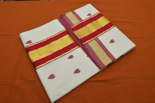 Women's Kerala Kasavu Saree with Red- Gold Kasavu with Stripes & Red Heart motifs across the body