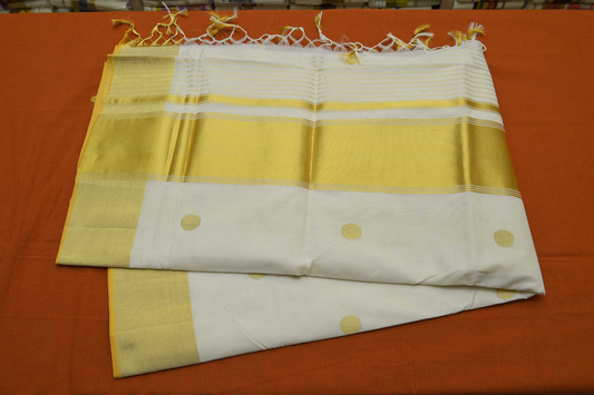 Women's Kerala Kasavu Saree with coin motifs across body and stripes across pallu with Running Blouse Piece(100% Cotton )