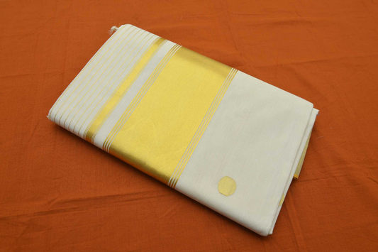 Women's Kerala Kasavu Saree with coin motifs across body and stripes across pallu with Running Blouse Piece(100% Cotton )