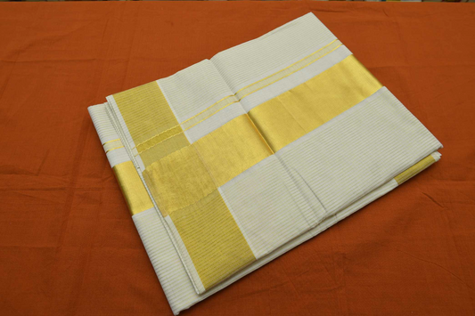 Women's Kerala Kasavu Saree with stripes across full body with Running Blouse