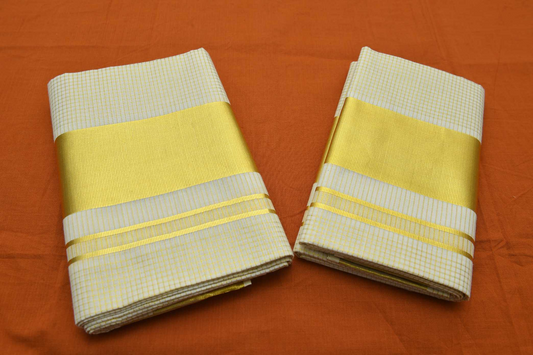 Women's Kerala Kasavu Single set Mundu with mini checqeured pattern across body