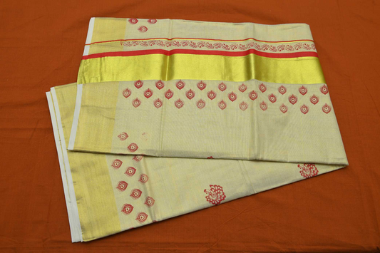 Women's Kerala Kasavu Tissue Saree with Golden Kasavu Red Kara with Red Peacock motifs across Pallu with Running blouse piece (100% Cotton )