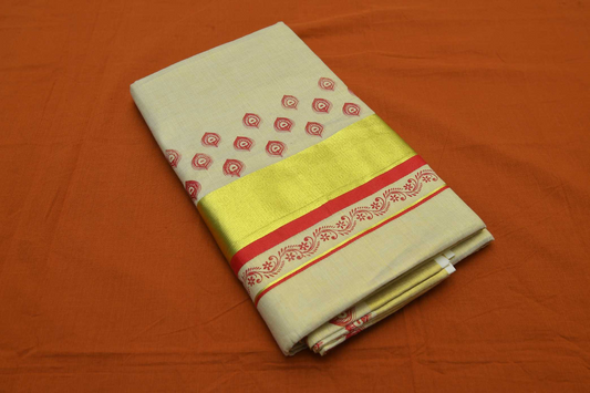 Women's Kerala Kasavu Tissue Saree with Golden Kasavu Red Kara with Red Peacock motifs across Pallu with Running blouse piece (100% Cotton )