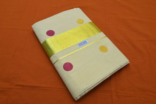 Women's Kerala Kasavu Tissue Saree with Yellow - Purple Polka Dot across body with Running blouse piece (100% Cotton)