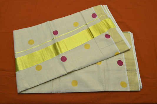 Women's Kerala Kasavu Tissue Saree with Yellow - Purple Polka Dot across body with Running blouse piece (100% Cotton)